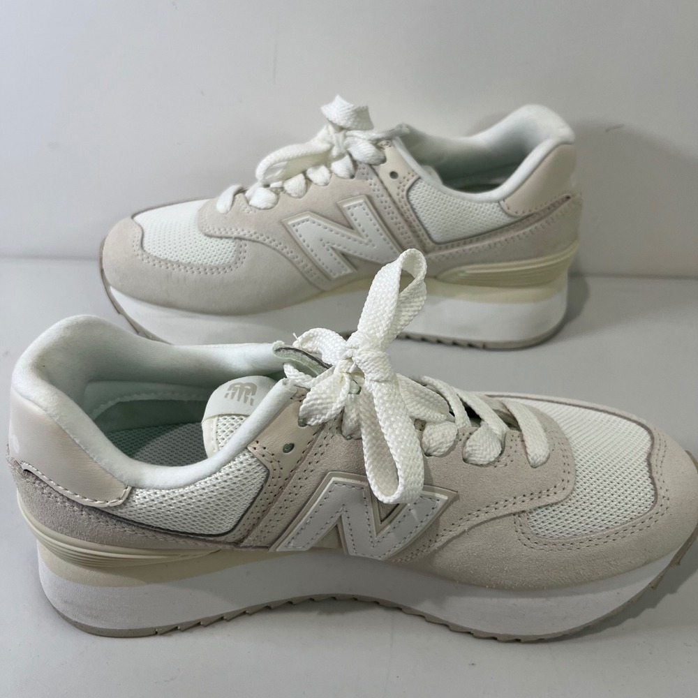 New Balance 574+ Platform Sneakers Women Size 8 WL574ZSO Cream Suede Mesh Chunky - Picture 5 of 7